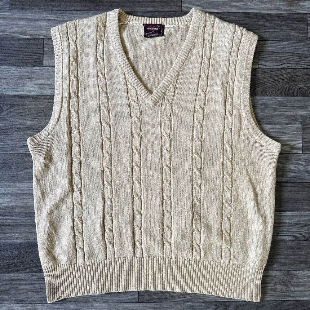 Vintage Kingsport Acrylic Vest; Men’s XL; Cable Knit; Beige; V-neck